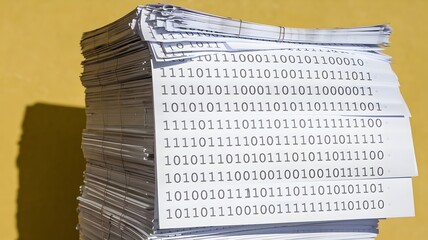 Naklejka premium Stack of paper with binary code in pencil on yellow background with shadow