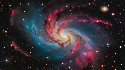 Obraz premium Cosmic Tapestry: A vibrant spiral galaxy, awash in hues of crimson, azure, and gold, dances across the cosmic canvas, a breathtaking testament to the grandeur and mystery of the universe. 