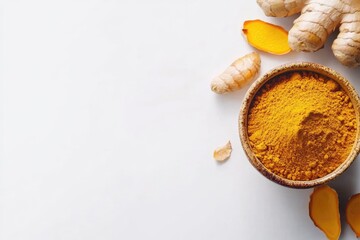 Turmeric and Ginger Seasoning. Aromatic Curry Ingredients in White Bowl with Copy Space for Recipe Notes
