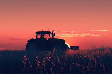 Fototapeta premium Artistic tractor silhouette at sunset, showcasing the beauty of farming in rural landscapes. Free copy space for text.