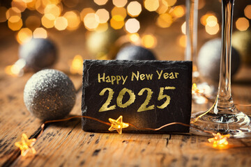 Happy New Year 2025 - Greeting Card - Black slate board with golden English text. Christmas decoration on rustic wood with Champagne glasses and golden lights from fireworks in background