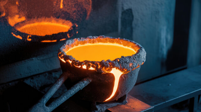 A glowing crucible filled with molten metal, showcasing vibrant orange hues against a dark, industrial background, creating a striking contrast and a sense of intense heat.