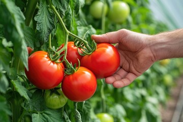 Harvesting Ripe Tomatoes in Greenhouse. A close-up of organic tomatoes picked by hand in a sustainable environment