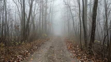 Obraz premium A fog-shrouded forest path lined with bare trees evokes mystery and solitude, inviting exploration into the unknown depth of nature.