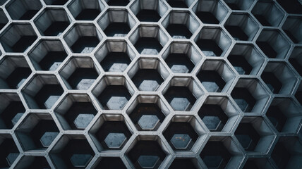 Abstract close-up image of a hexagonal metal structure creating a visually striking and modern pattern, emphasizing symmetry and industrial design elements.