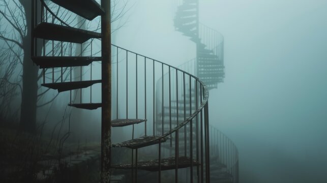 An ethereal spiral staircase floats amid mist, creating a dreamlike atmosphere with a hint of mystery.