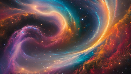 Cosmic Swirl: A mesmerizing nebula in vibrant hues of orange, teal, and purple, swirling in a cosmic dance across a star-studded expanse.  A breathtaking vision of celestial beauty. 