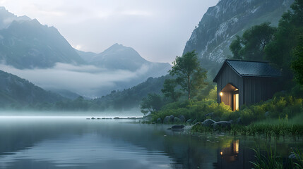 Obraz premium During the evening, a serene lakeside cabin glows in the peaceful mountain landscape, surrounded by misty peaks, creating a tranquil sanctuary within the beauty of nature