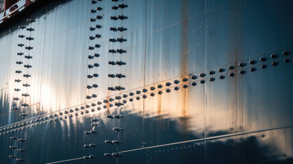 Close-up of a textured blue metal surface with rivets, reflecting a soft sunset glow, showcasing the beauty of industrial design.