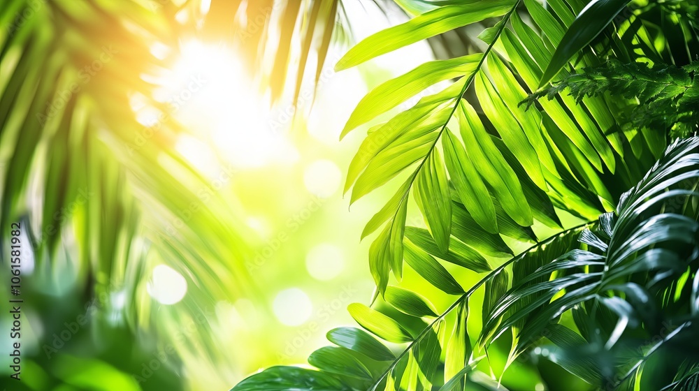 Poster a warm, close-up view of sunlight filtering through lush green fern leaves. --ar 16:9 --personalize 