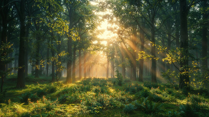 Obraz premium Sunlit Forest Pathway with Lush Greenery and Rays of Morning Light