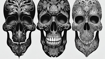 Naklejka premium Sugar Skull Triptych: Intricate, ornate sugar skulls in grayscale, a trio of artistic death imagery. A captivating display for Day of the Dead or artistic projects. 