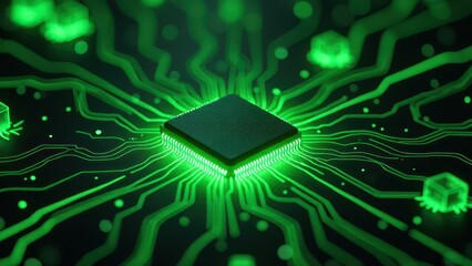 Close-up of glowing green microchip on circuit board technology	