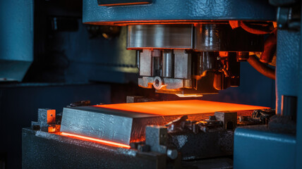 A precision metal stamping machine in action, showcasing the fiery glow of heated metal as it is shaped under pressure in a vibrant industrial setting.