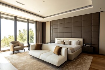 Obraz premium Modern Bedroom with Marble Flooring and Mirrored Closet