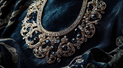 a luxury jewelry piece, featuring an intricately designed gold necklace with sparkling gemstones, elegantly displayed