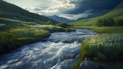 Fototapeta premium A time-lapse view of a river flowing, capturing the essence of natural time cycles.
