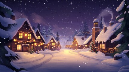 Fototapeta premium A snowy Christmas village at night, lit with warm lights and decorated with snow-covered trees.
