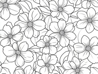 Black and White Floral Pattern: Delicate Line Art Flowers Illustration