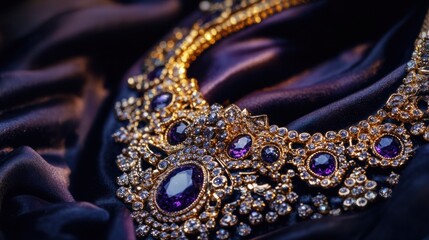 Fototapeta premium a luxury jewelry piece, featuring an intricately designed gold necklace with sparkling gemstones, elegantly displayed