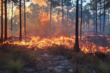 Forest engulfed in flames during a controlled burn at sunset in a pine grove. Generative AI