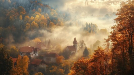 Fototapeta premium Autumn scene with misty fog colorful forest sunrise
