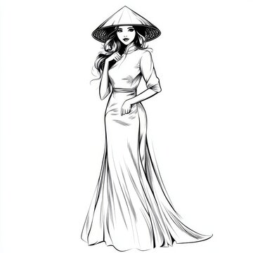 recommend clip art: Elegant Vietnamese Woman in Traditional Ao Dai Dress and Conical Hat - Line Art Illustration