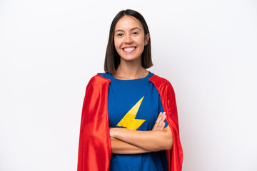 Super Hero caucasian woman isolated on white background keeping the arms crossed in frontal position