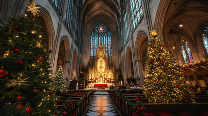 Obraz premium A traditional Christmas mass held in a grand cathedral, with stained glass windows and festive decorations.A traditional Christmas mass held in a grand cathedral, with stained glass windows and festiv