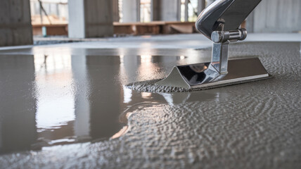 A close-up view of a professional worker finishing a smooth layer of fresh concrete on a construction site using a stainless steel trowel.
