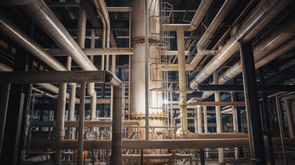 Fototapeta premium A dynamic view of industrial pipes in a facility, showcasing the intricate network of metal and steel structures in a large manufacturing plant.