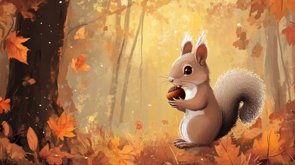 Charming squirrel holding an acorn in its tiny paws, surrounded by autumn leaves and a warm forest backdrop