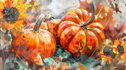 Watercolor autumn pumpkin on thanksgiving