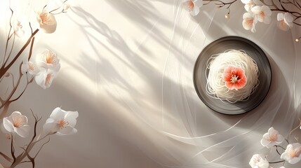 A plate of white noodles with a pink flower in the center on a light background surrounded by white flowers and branches with sunlight shining through a sheer fabric.