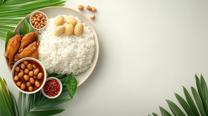 Fototapeta premium A plate of white rice with fried chicken wings, a bowl of beans in sauce, and peanuts, with palm leaves and red pepper flakes on a white background.