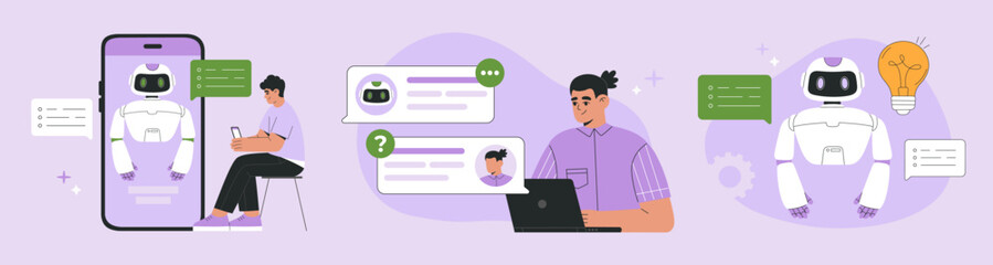 AI chat bot helps people to brainstorm and find solutions and answers set, customers using virtual help for business, human assistant generate ideas set. Flat vector illustration, isolated background