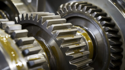 Close-up of metallic gears showcasing intricate teeth and oil sheen, conveying precision engineering and industrial strength.