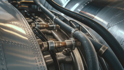 Fototapeta premium Close-up of intricate aircraft engine components featuring metallic pipes and connectors, showcasing engineering precision and technology.