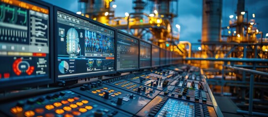 Fototapeta premium High Tech Industrial Control Panel with Advanced Monitoring Instruments Gauges and Digital Displays in a Modern Factory or Manufacturing Workspace