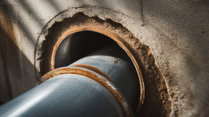 Close-up of a rusty industrial pipe emerging from a weathered concrete wall, showcasing texture, shadows, and the interplay of light and metal.