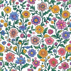 Floral Bliss. Modern Graphic Illustration of Colorful Blossoms on White Background