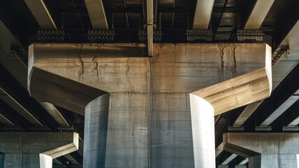 A close-up view of a massive concrete bridge support, highlighting its intricate design and structural details under a modern highway.