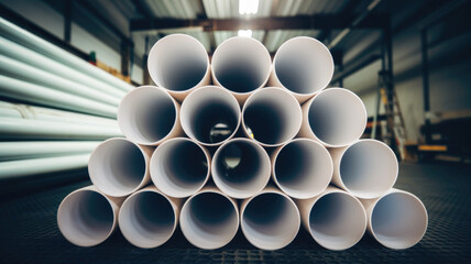 A stack of neatly arranged white plastic pipes in a workshop, creating a visually striking pattern against a blurred industrial background.