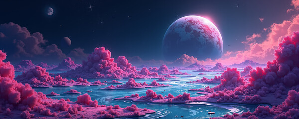 Vibrant pink clouds reflect in a serene river under a distant moonlit landscape during twilight in an imaginative alien world
