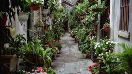 Lush alleyway brimming with diverse potted plants, creating a sanctuary of vibrant greens and blooms, transforming urban space into a hidden garden retreat.