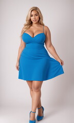Fototapeta premium A curvy woman stands confidently, wearing a fitted blue dress that highlights her figure. Her hair is styled softly, and she's poised against a light backdrop, exuding elegance and charm