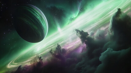 Obraz premium A dazzling aurora over a gas giant, with vivid greens and purples rippling across the atmosphere, framed by distant galaxies. cosmic beauty and planetary wonders, evoking awe and intrigue