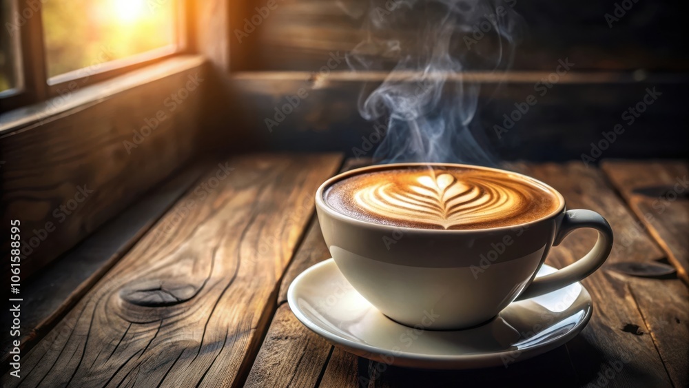 Poster a steaming cup of latte art on a rustic wooden table beside a window with a soft, warm glow.