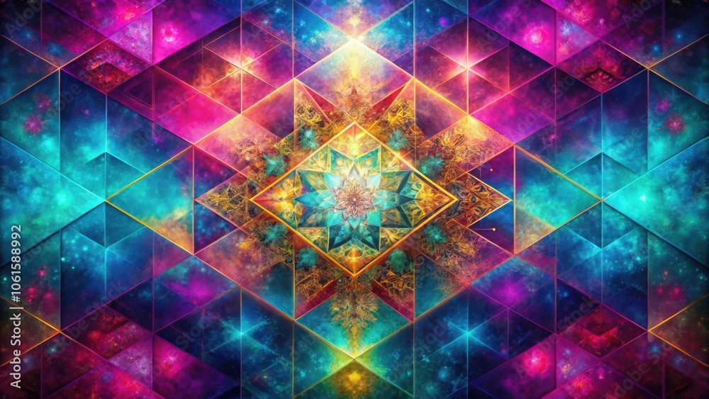 Poster A kaleidoscope of colors and shapes in an abstract geometric design with a captivating central mandala-like element.