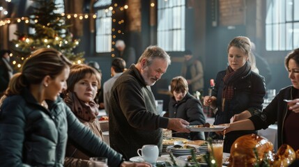 Families gather around a festive dinner table adorned with holiday decor, sharing food, stories, and laughter in a warm, inviting atmosphere.